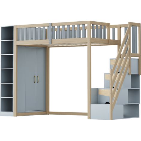 Lit mezzanine multifonctionnel 90x200 cm avec étagères, armoire de rangement et grande penderie, échelle de sécurité avec compartiments de rangement, gris + couleur bois naturel (1/5)