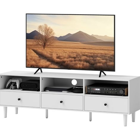 Weißer TV-Schrank mit Schubladen und 3 offenen Fächern, 140 cm für TVs bis 75 Zoll (1/5)