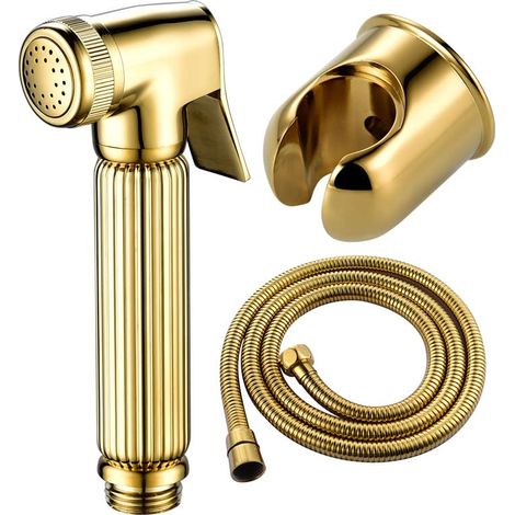 Pistola di spinta per lavatrice femmina in bronzo placcato oro, piccolo ugello per doccia, pistola per WC, set di accessori per valvola angolare, ugello tipo C + tubo flessibile + sedile + valvola ang (1/4)
