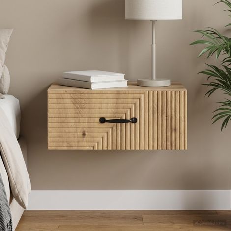 Table de chevet murale 1 tiroir en bois d’ingénierie chêne artisanal 49 x 34,5 x 20 cm, 8.4kg - PANGIVO (1/5)