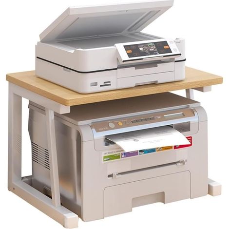 Support d’imprimante de bureau 2 niveaux avec rangement - Structure métal + plateau bois 58 x 34 x 38 cm, gain de place pour imprimante/scanner/fax, bureau à domicile - Couleur : Bois original rehauss