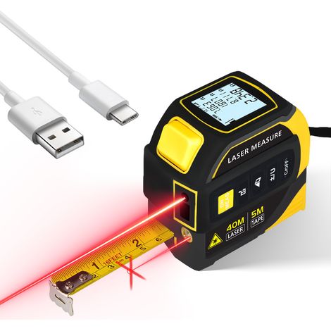 Télémètre Laser 40m pour Chantier, Ruban Numérique 5m Rechargeable USB-C, Précision ±1mm, Niveau Laser Double Axe, (1/5)