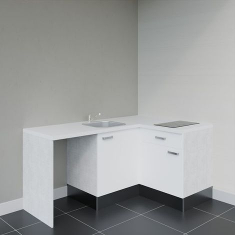 Kitchenette d'angle KA01L-PT avec plan de travail et évier Façade Blanc - Plan Blanc - Evier