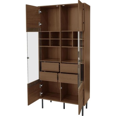 Mehrzweig-Vitrinenschrank in Nussbaumholzoptik: Glasfront + Etagenregal + versteckte Schublade|Allround-Aufbewahrungslösung für Bad/Wohnzimmer/Büro (1/5)