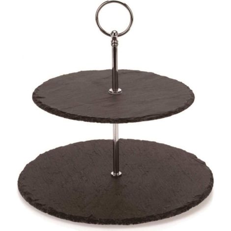 Doppelstöckige Schiefer-Etagere – runde, mehrstöckige Platte für Abendessen, Cupcakes, Desserttörtchen und Obstplatten, mit Edelstahlstangen und -griffen, geeignet für Hochzeiten und Geburtstagsfeiern
