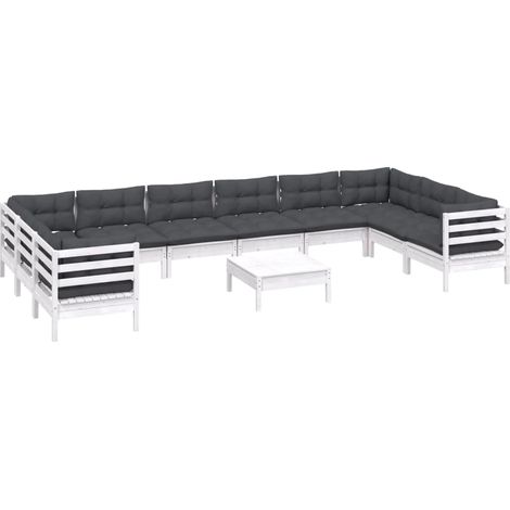 Set Divani da Giardino 11 pz con Cuscini Bianchi Legno di Pino vidaXL (1/4)