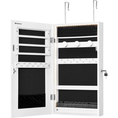 Armoire à Bijoux Miroir avec Éclairage LED Intégré, Rangement pour Bijoux Mural ou à Suspendre sur Une Porte, Armoire Miroir Suspendue 9,7 x 37 x 67 cm, Blanc (1/5)
