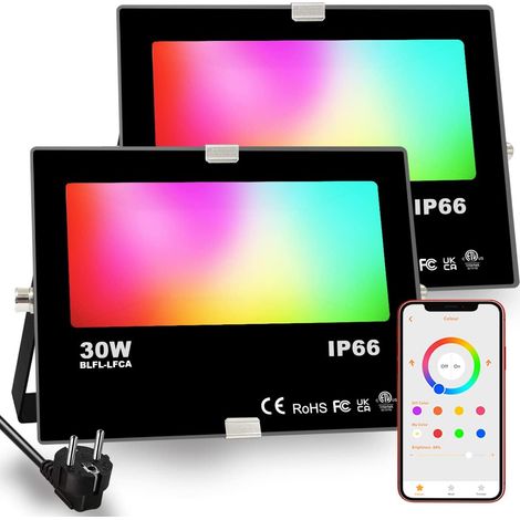 Projecteur LED extérieurs 30W, changement de couleur RGBW équivalent 300W, 16 million couleurs, Minuteur, Regroupement, 3000 lumens, blanc chaud 2700K, IP66 étanche (paquet de 2) (1/5)