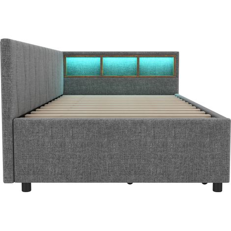 Cama banqueta 90 x 200 cm gris de lino y MDF con cajones, almacenaje, LED y USB Tipo C (1/5)
