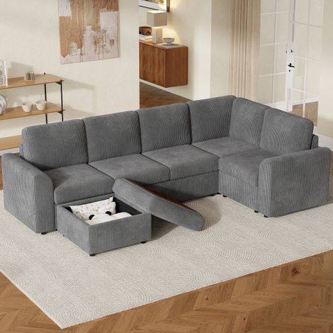 Canapé d'angle 6 Places,canapé modulable Convertible en L avec accoudoirs,1 pouf multifonction mobile,canapé avec rangement,montage facile,mousse haute densité,gris