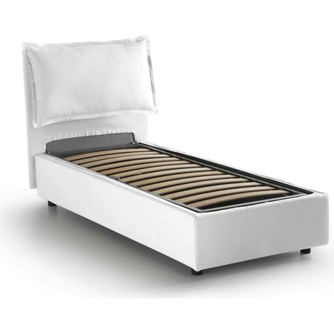 Dmora - Letto singolo Evelyn, Letto contenitore con rivestimento in tessuto, 100% Made in Italy, Apertura frontale, adatto per materasso Cm 90x200, Bianco