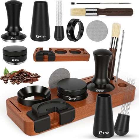 Lot de 8 Accessoires pour Expresso, 51mm Tamper à Café avec Station Tamper  51mm Support de Tassage, Tampon, Coffee Leveler, outil WDT, Anneau Doseur, brosse de nettoyage, puck screen, agitateur (1/5)