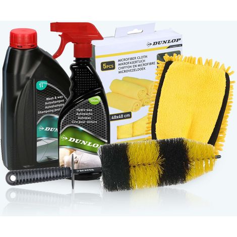 Dunlop Pack Nettoyage Voiture : Shampoing 1L + Cire 500ml + Brosse Jantes XL + Gant Lavage 2en1 + 5 Chiffons Microfibres 40x40cm (1/5)