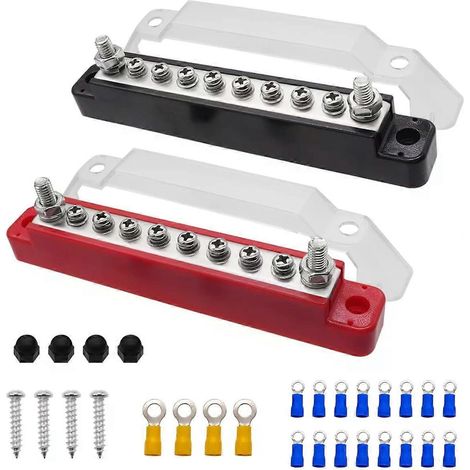 Bornier de distribution électrique, 2 pièces (rouge + noir) avec couvercle et bornes M6 (1/4)