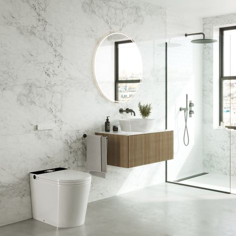 WC lavant suspendu avec réservoir intégré – Sortie verticale – Nettoyage à l'eau avec massages – Séchage à l'air chaud – Rada Display noir (1/5)
