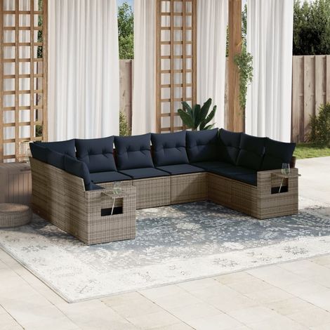 9-teiliges Gartensofa-Set mit Kissen, grau, Polyrattan (1/5)
