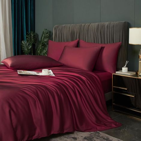 Parure de lit rafraîchissante en bambou 200 x 200 cm, rouge, bordeaux, été, uni, fibres de bambou Lyocell brillant, respirant, housse de couette et taies d'oreiller 80 x 80 cm (1/5)