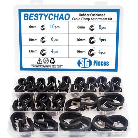 36pcs Stainless Steel Pipe Clamps Set 6 Sizes 6mm 8mm 10mm 13mm 16mm 19mm Rubber Reinforced P Clips for Pipe Tube Cable (1/5)