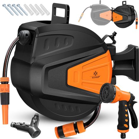 KESSER® Schlauchtrommel Wasser Schlauchaufroller Inkl. 2-Wege-Verteiler + Multi-Handbrause Wasserschlauchtrommel Automatik  180° Schwenkbar  Wandhalterung   15 Meter / Orange