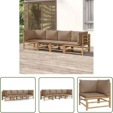 The Living Store Salon de jardin 4 pcs avec coussins taupe bambou - Salon De Jardin - Mobilier De Jardin - Ensemble De Salon - Meubles De Jardin - Bambou (1/5)