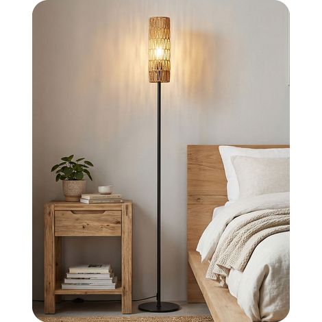 EDISHINE Stehlampe Wohnzimmer, LED Stehleuchte mit Lampenschirm aus gewebtem Seil, Stehlampe vintage 2700K, Boho Stehlampe E27 für Schlafzimmer, Kinderzimmer oder Ecksofa, Höhe 165 cm, Rattan