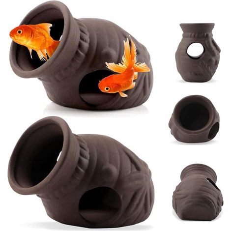 Set mit 2 dekorativen Keramiktöpfen (8 x 6,5 x 6,5 cm) – Dekorative Aquariendekoration mit Öffnung, für Fische und Garnelen (1/4)