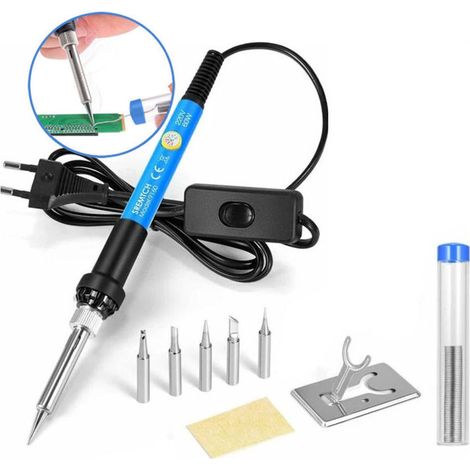 Fer a Souder [Upgraded] Fer a Souder Etain de Précision avec Interrupteur ON/OFF, Temperature Réglable 200-450℃, 9 en 1 Kit, 5 pointes de fer à souder, fil à souder, Support de fer à souder