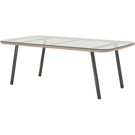 Table de jardin base plateau verre trempé 5 mm, table d'appoint extérieur cadre acier effet bois naturel