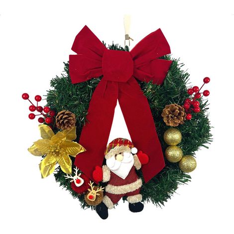 Couronne de Noël avec Père Noël, Grand Nœud Rouge, Pommes de Pin Plastique, Boules Dorées, Décoration Suspendue pour Porte et Mur (1/3)