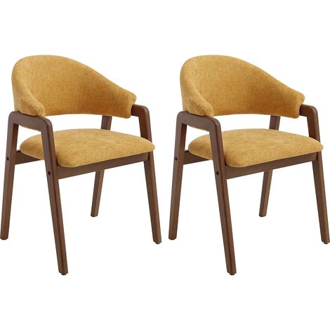 Lot de 2 chaises avec accoudoirs en tissu texturé et bois d'hévéa - Jaune et naturel foncé - SOLUNA (1/5)