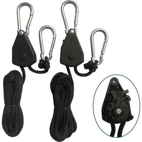 4 Stück Ratchet Hanger mit Seilspanner, 5M Nylon Windfestes Seil zur Einstellung der Riemenscheibe, Einstellbare Seil Seilhaken Ratsche Seilratsche für Sonnensegel Wäscheleine (1/5)