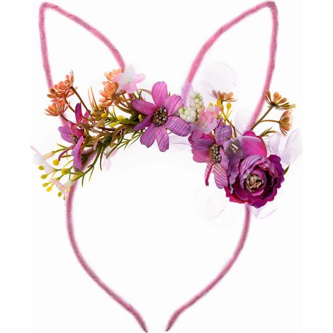 Headband Oreilles De Lapin - Fleur En Tissu Et Alliage - Pour Femme Fille Bébé - Taille Unique 13 X 11 Cm - 1 Pièce (1/5)