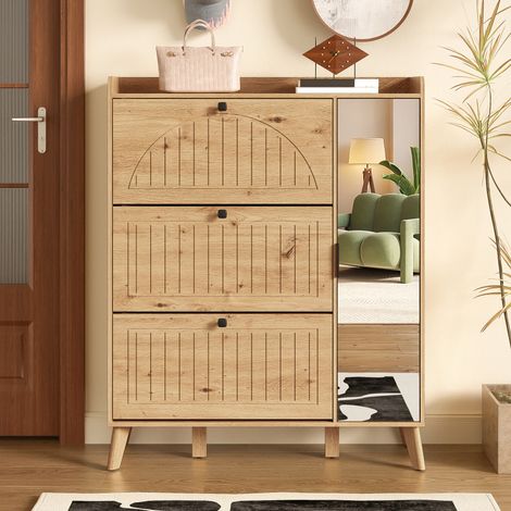 Meuble à Chaussures Haut avec Miroir – 3 Portes Rabattables et Plateau – Pour Entrée et Couloir (1/5)