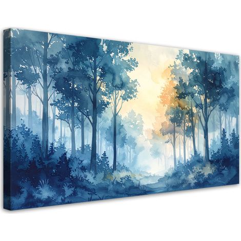 Wandbild Nebelverhangener Wald Pastell Landschaft Natur im skandinavischen Stil Blau 80x40 (1/5)