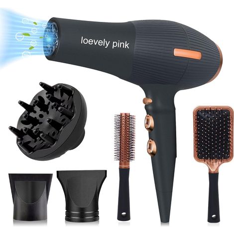 Sèche-Cheveux IONIQUE 2400W, pink Sèche Cheveux avec diffuseur, Puissant AC Moteur, Anti-Frisottis pour Cheveux Bouclés/Fins/Épais (1/5)