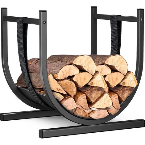 VOUNOT® Portalegna da Interno a Forma di U con Cinghia di Sicurezza, Base Robusta e Stabile per Legna da Ardere, 41x37x39,5 cm, Nero