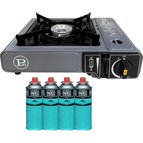 Réchaud gaz Camping 1 Feu 2200W + 4 Cartouches gaz Butane Allumage Piezo – Camping Randonnée Cuisine Extérieure INTEC (1/5)