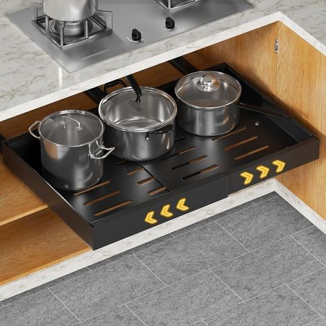 Extendable drawer, telescopic drawer, extendable drawer (31-52 cm W x 42 cm D x 6 cm H), kitchen cabinet drawer (1 piece, black) (1/5)