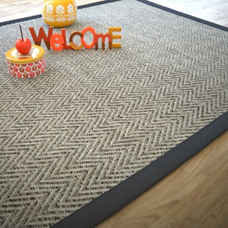 Tapis tissé plat - Java Chevron silver - Ganse coton noir - 140 x 200 cm (1/5)