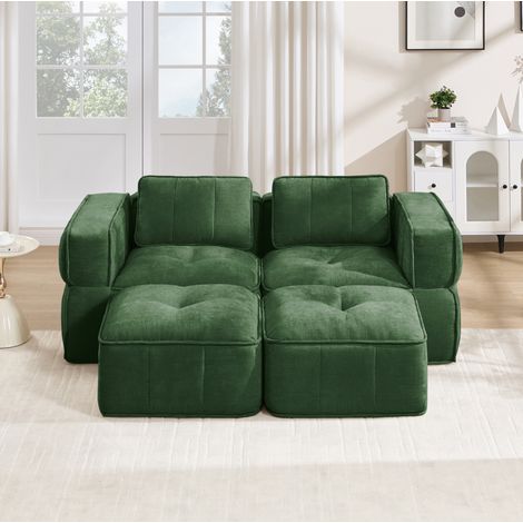 Sofá modular de 2 plazas con 2 pufs, espuma 32D, verde HAVRYA (1/5)