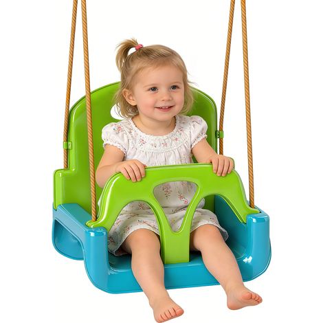 Balançoire enfant 3 en 1 verte avec corde réglable, dossier, barre en T et ceinture, jeu extérieur design sobre pour jardin pratique et évolutif