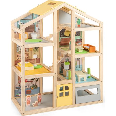 Casa delle bambole moderna 60 x 30 x 75 cm con mobili e statuette atmosfera fantasiosa realizzata in MDF naturale 200012640