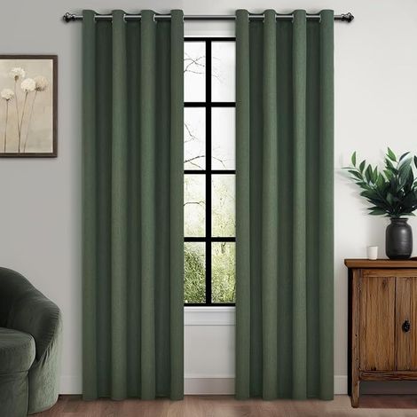 MRTREES Thermal Blackout Curtain, Anti-Cold and Heat 100% Block Light, Opaque Linen Curtains with Eyelets for Door Adult Living Room, 140 x 200 cm, 2 Pieces, Olive Green (1/3)