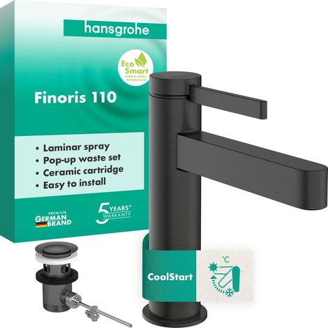 Hansgrohe Finoris - Miscelatore pper lavabo, con scarico, CoolStart, EcoSmart, cromo nero spazzolato 76025340 (1/2)