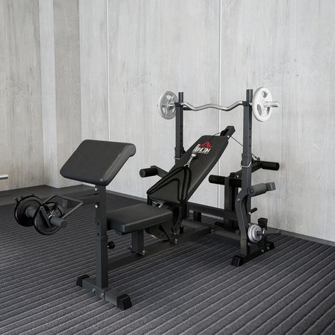 Hantelbank mit Langhantelablage und verstellbarer Rückenlehne, Gewichtsbank mit Beinstrecker, Langhantelablage und Beinbeuger, für das Heim-Fitnessstudio, Schwarz