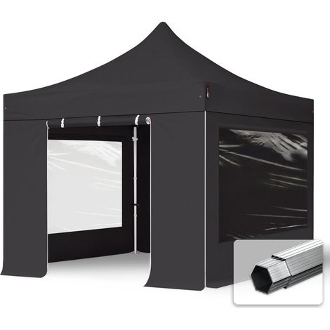 3x3 m Faltpavillon PROFESSIONAL Alu 40mm, Seitenteile mit Panoramafenstern, dunkelgrau