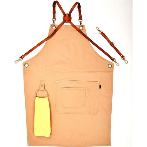 Tablier en similicuir PU Unisexe avec Lanière en Cuir, Chef de Cuisine BBQ, avec Pochettes Croisées Kaki