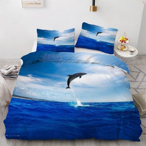 Bettwäsche-Set 155x220 cm 3-teilig Mikrofaser mit Delfin-Motiv und Reißverschluss