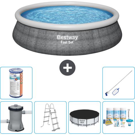 Piscine gonflable ronde Bestway à réglage rapide - Imprimé rotin - 457 x 107 cm - Comprend des Accessoires CB24 (1/5)