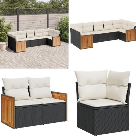 7-tlg. Garten-Sofagarnitur mit Kissen Schwarz Poly Rattan - Gartensorte - Gartenmöbel Set - Outdoor Möbel - Lounge Gruppe - Rattan Gartenmöbel - Home & Living (1/5)